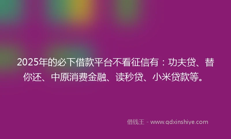 2025年的必下借款平台不看征信有：功夫贷、替你还、中原消费金融、读秒贷、小米贷款等。