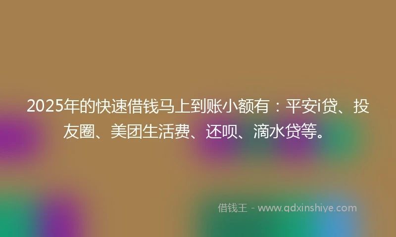 2025年的快速借钱马上到账小额有：平安i贷、投友圈、美团生活费、还呗、滴水贷等。