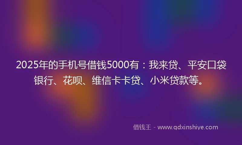 2025年的手机号借钱5000有：我来贷、平安口袋银行、花呗、维信卡卡贷、小米贷款等。
