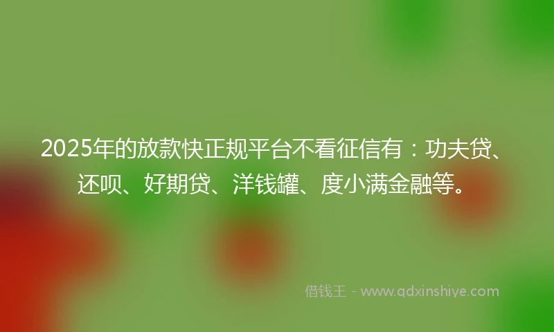 2025年的放款快正规平台不看征信有：功夫贷、还呗、好期贷、洋钱罐、度小满金融等。