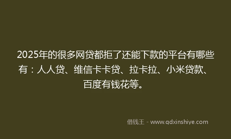 2025年的很多网贷都拒了还能下款的平台有哪些有：人人贷、维信卡卡贷、拉卡拉、小米贷款、百度有钱花等。