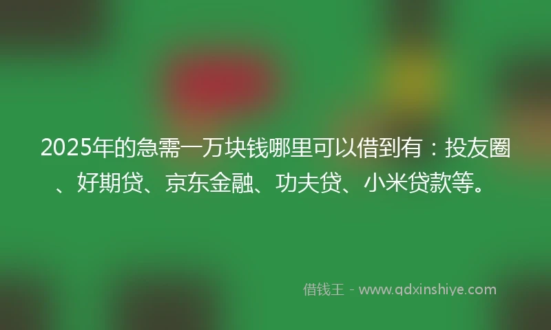 2025年的急需一万块钱哪里可以借到有：投友圈、好期贷、京东金融、功夫贷、小米贷款等。