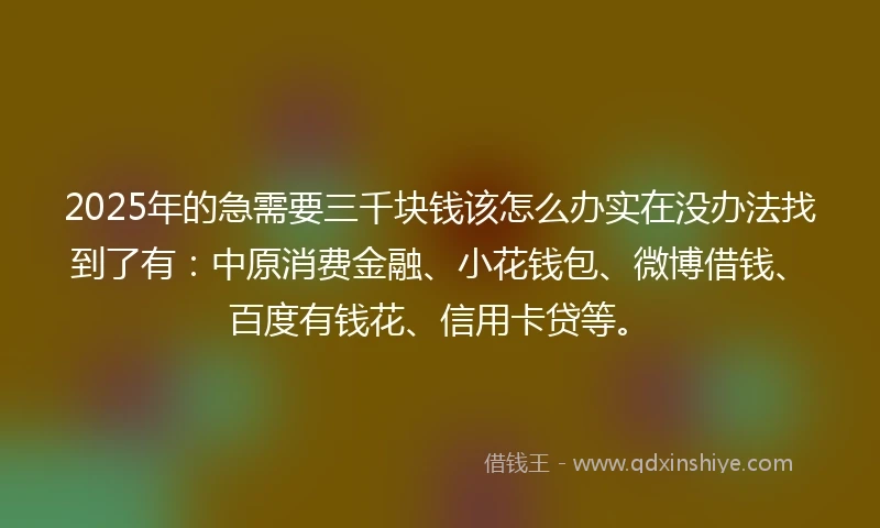 2025年的急需要三千块钱该怎么办实在没办法找到了有：中原消费金融、小花钱包、微博借钱、百度有钱花、信用卡贷等。