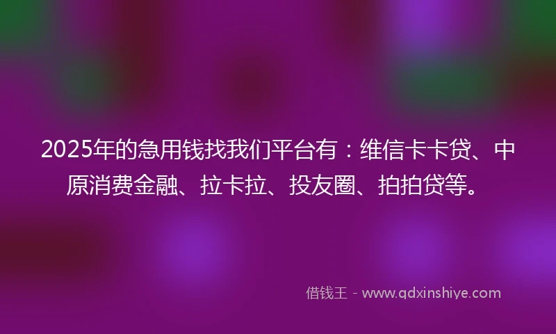 2025年的急用钱找我们平台有：维信卡卡贷、中原消费金融、拉卡拉、投友圈、拍拍贷等。