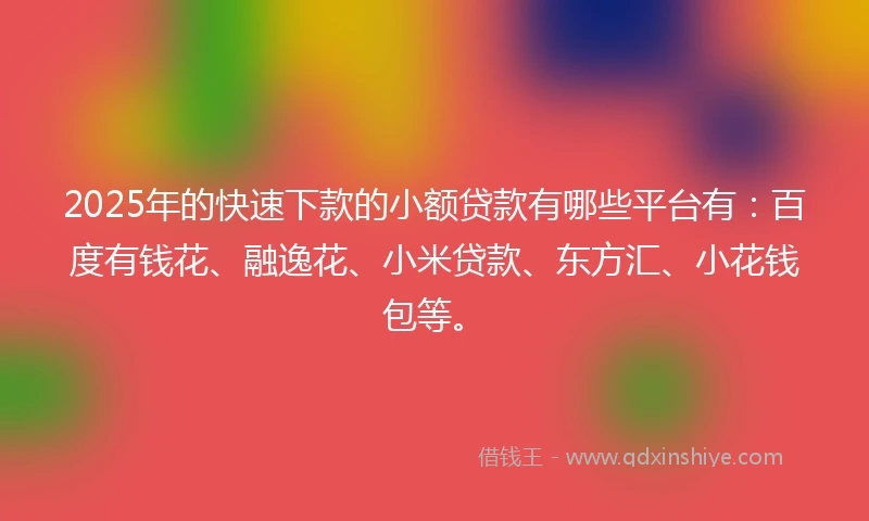 2025年的快速下款的小额贷款有哪些平台有：百度有钱花、融逸花、小米贷款、东方汇、小花钱包等。