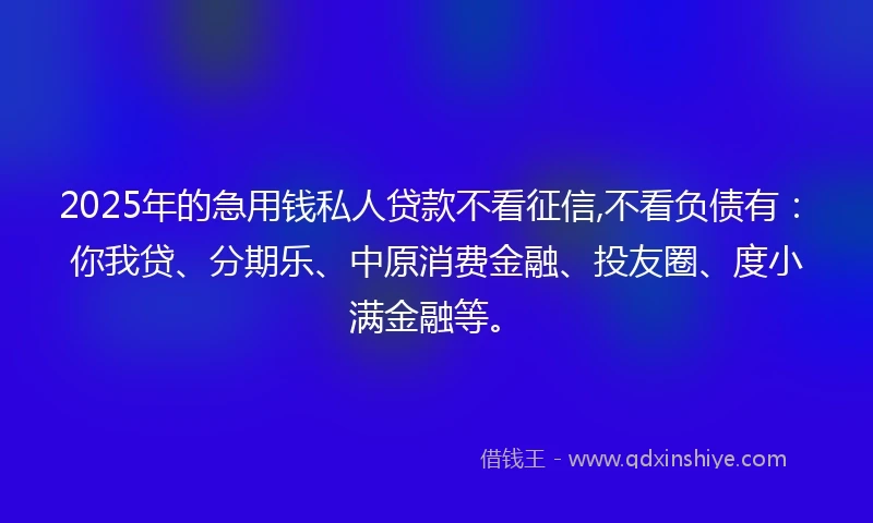 2025年的急用钱私人贷款不看征信,不看负债有：你我贷、分期乐、中原消费金融、投友圈、度小满金融等。