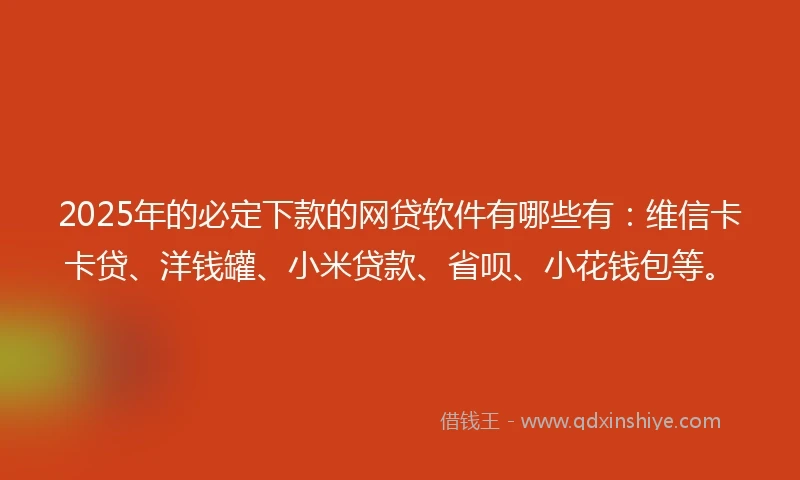 2025年的必定下款的网贷软件有哪些有：维信卡卡贷、洋钱罐、小米贷款、省呗、小花钱包等。