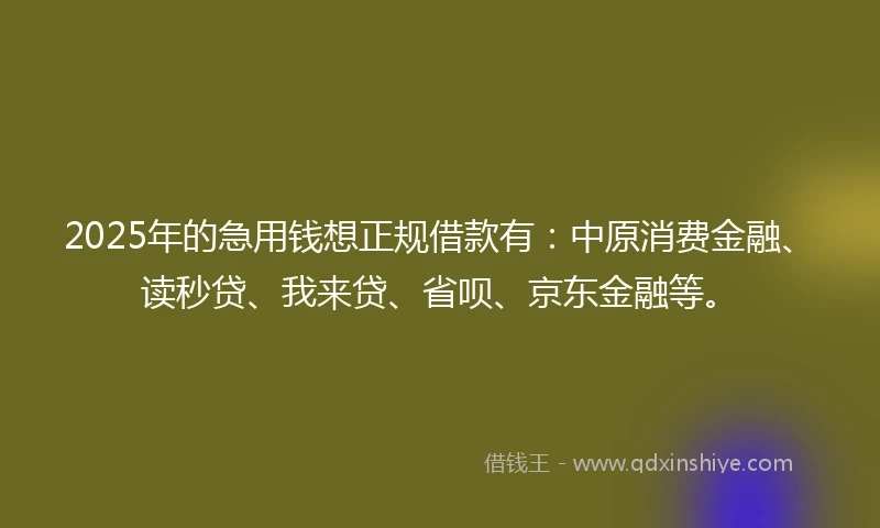 2025年的急用钱想正规借款有：中原消费金融、读秒贷、我来贷、省呗、京东金融等。