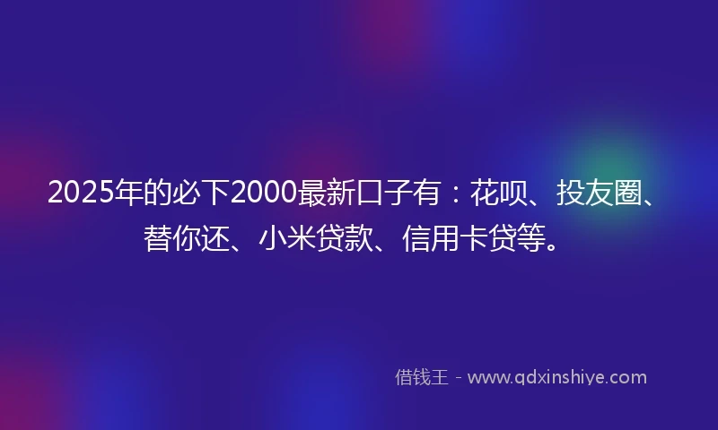 2025年的必下2000最新口子有：花呗、投友圈、替你还、小米贷款、信用卡贷等。