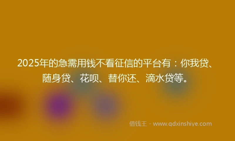 2025年的急需用钱不看征信的平台有：你我贷、随身贷、花呗、替你还、滴水贷等。