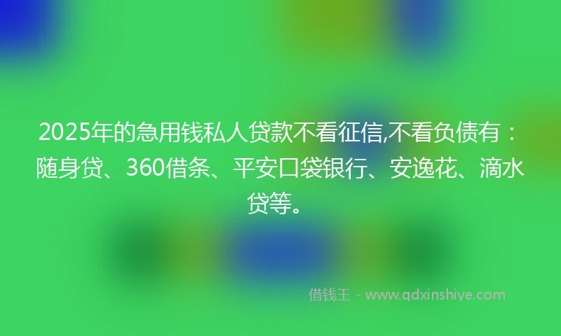 2025年的急用钱私人贷款不看征信,不看负债有：随身贷、360借条、平安口袋银行、安逸花、滴水贷等。