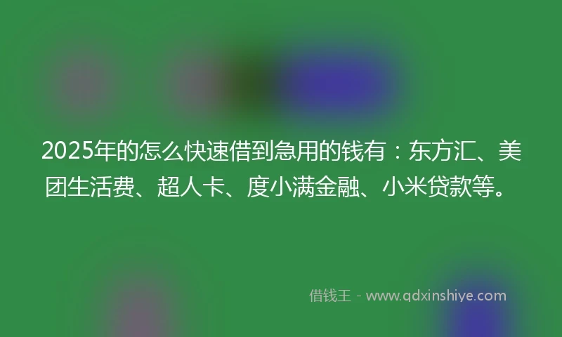 2025年的怎么快速借到急用的钱有：东方汇、美团生活费、超人卡、度小满金融、小米贷款等。