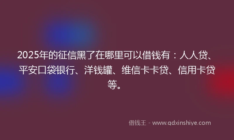 2025年的征信黑了在哪里可以借钱有：人人贷、平安口袋银行、洋钱罐、维信卡卡贷、信用卡贷等。