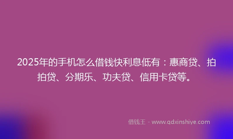 2025年的手机怎么借钱快利息低有：惠商贷、拍拍贷、分期乐、功夫贷、信用卡贷等。