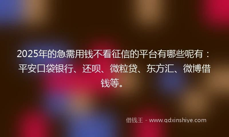 2025年的急需用钱不看征信的平台有哪些呢有：平安口袋银行、还呗、微粒贷、东方汇、微博借钱等。