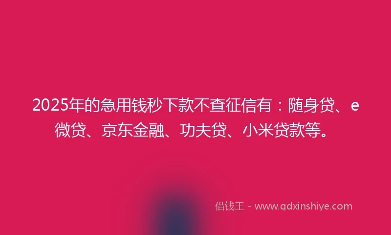 2025年的急用钱秒下款不查征信有：随身贷、e微贷、京东金融、功夫贷、小米贷款等。