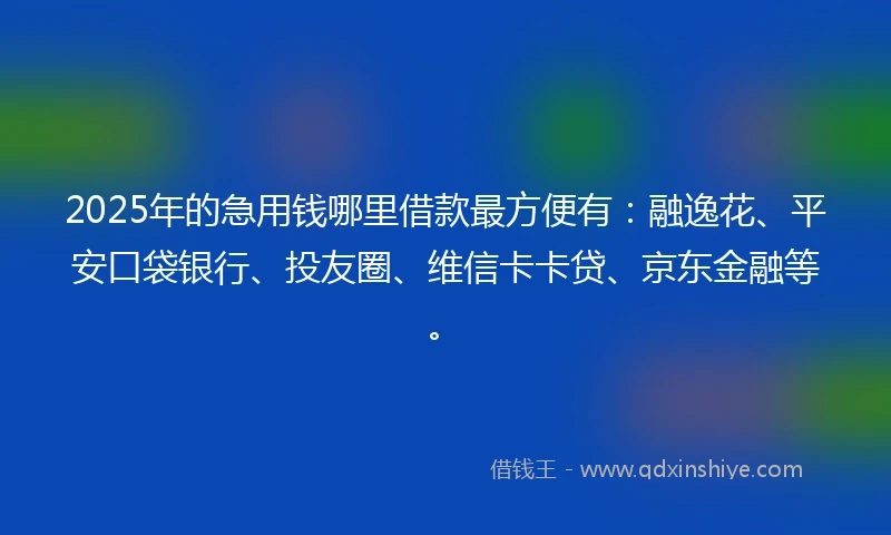 2025年的急用钱哪里借款最方便有：融逸花、平安口袋银行、投友圈、维信卡卡贷、京东金融等。