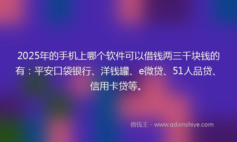 2025年的手机上哪个软件可以借钱两三千块钱的有：平安口袋银行、洋钱罐、e微贷、51人品贷、信用卡贷等。