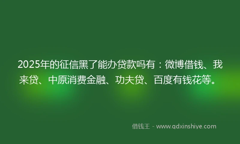 2025年的征信黑了能办贷款吗有:微博借钱、我来贷、中原消费金融、功夫贷、百度有钱花等。