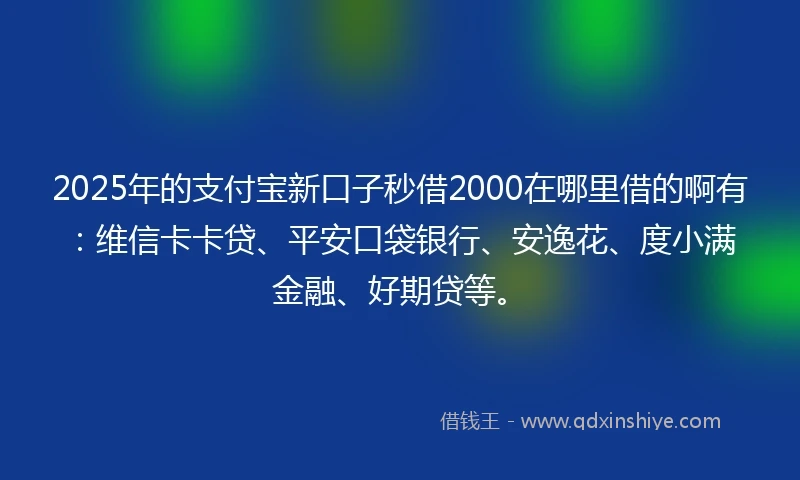 2025年的支付宝新口子秒借2000在哪里借的啊有:维信卡卡贷、平安口袋银行、安逸花、度小满金融、好期贷等。