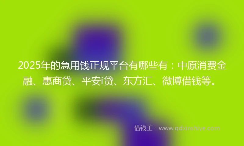 2025年的急用钱正规平台有哪些有：中原消费金融、惠商贷、平安i贷、东方汇、微博借钱等。