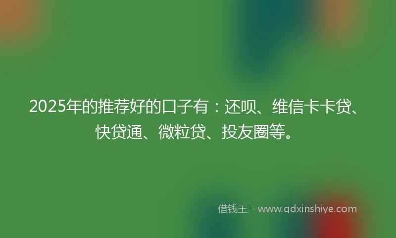 2025年的推荐好的口子有：还呗、维信卡卡贷、快贷通、微粒贷、投友圈等。