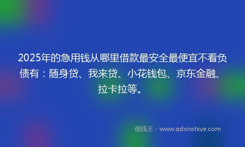 2025年的急用钱从哪里借款最安全最便宜不看负债有：随身贷、我来贷、小花钱包、京东金融、拉卡拉等。