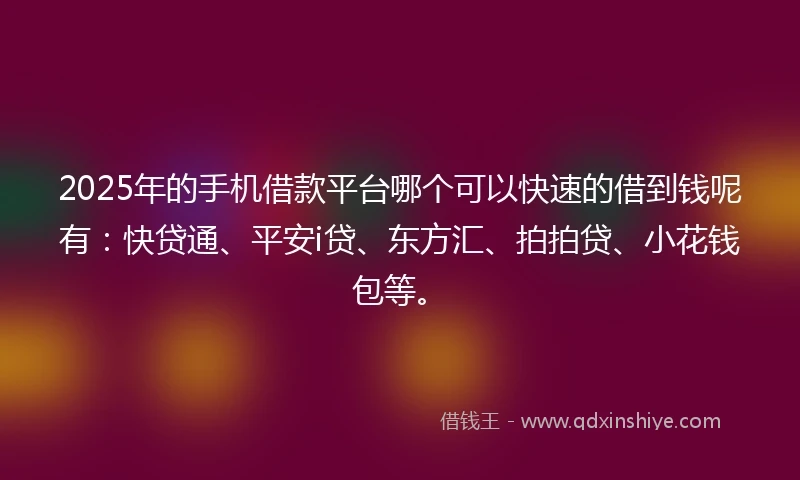 2025年的手机借款平台哪个可以快速的借到钱呢有：快贷通、平安i贷、东方汇、拍拍贷、小花钱包等。
