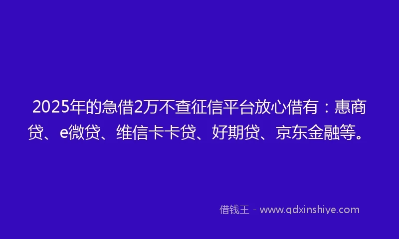 2025年的急借2万不查征信平台放心借有：惠商贷、e微贷、维信卡卡贷、好期贷、京东金融等。