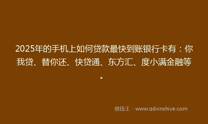 2025年的手机上如何贷款最快到账银行卡有：你我贷、替你还、快贷通、东方汇、度小满金融等。