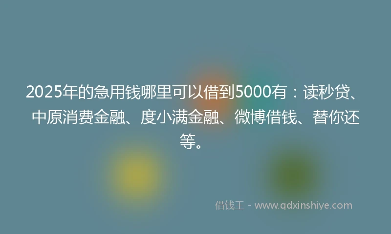 2025年的急用钱哪里可以借到5000有：读秒贷、中原消费金融、度小满金融、微博借钱、替你还等。