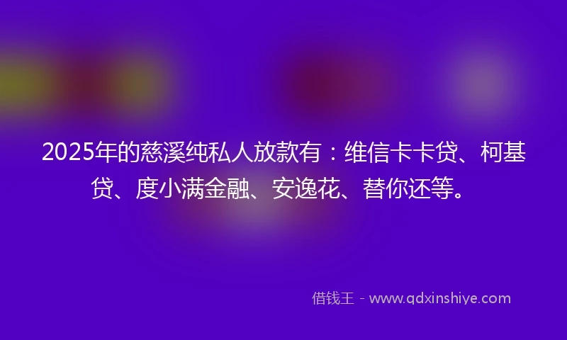 2025年的慈溪纯私人放款有：维信卡卡贷、柯基贷、度小满金融、安逸花、替你还等。