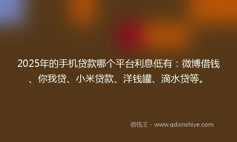 2025年的手机贷款哪个平台利息低有：微博借钱、你我贷、小米贷款、洋钱罐、滴水贷等。