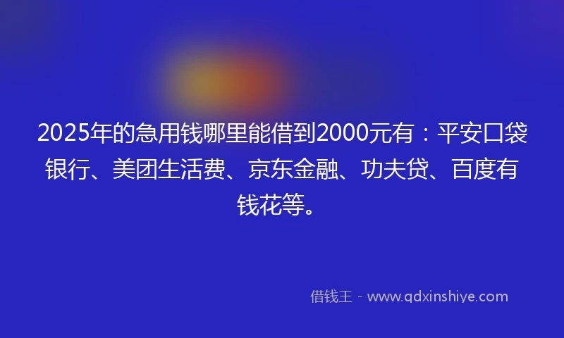 2025年的急用钱哪里能借到2000元有：平安口袋银行、美团生活费、京东金融、功夫贷、百度有钱花等。