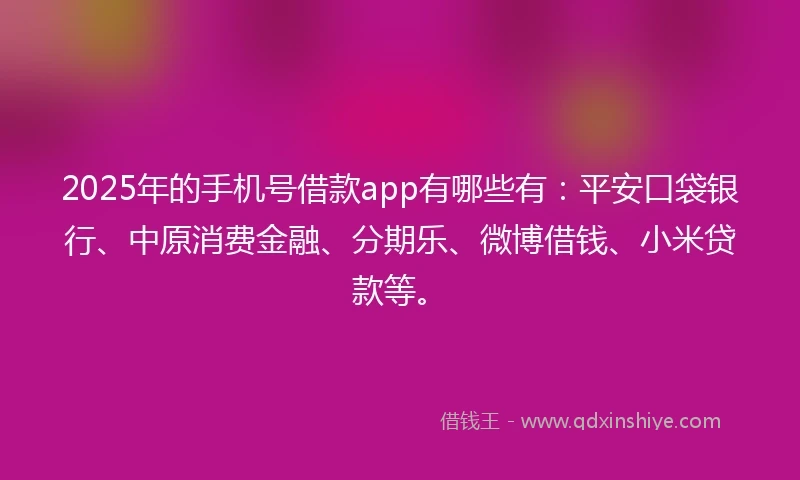 2025年的手机号借款app有哪些有：平安口袋银行、中原消费金融、分期乐、微博借钱、小米贷款等。