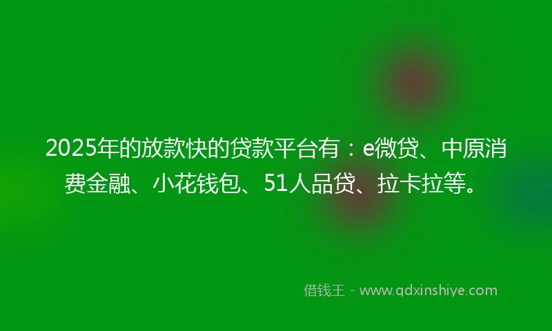 2025年的放款快的贷款平台有：e微贷、中原消费金融、小花钱包、51人品贷、拉卡拉等。