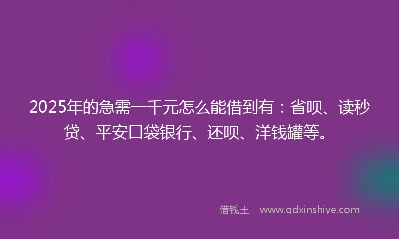 2025年的急需一千元怎么能借到有：省呗、读秒贷、平安口袋银行、还呗、洋钱罐等。