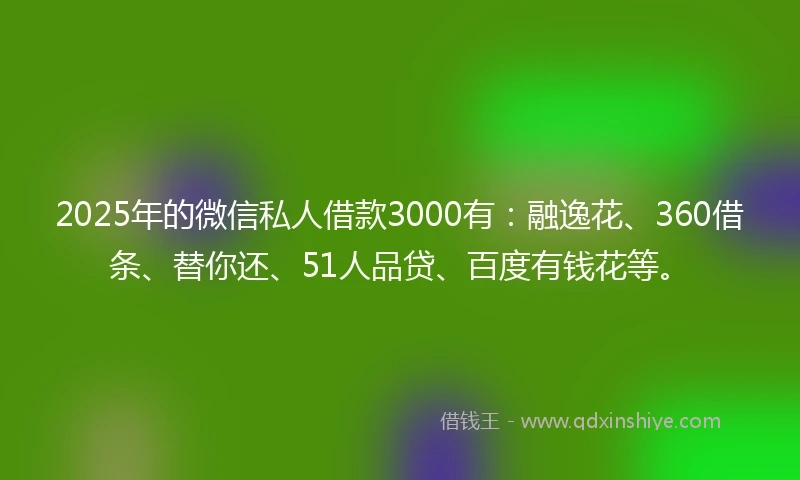 2025年的微信私人借款3000有：融逸花、360借条、替你还、51人品贷、百度有钱花等。
