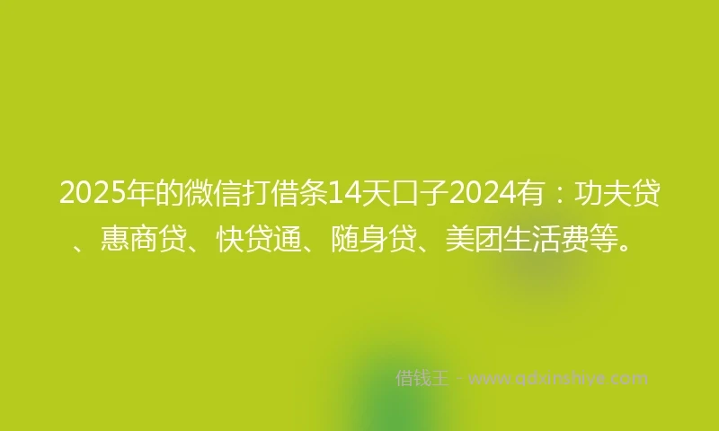 2025年的微信打借条14天口子2024有:功夫贷、惠商贷、快贷通、随身贷、美团生活费等。