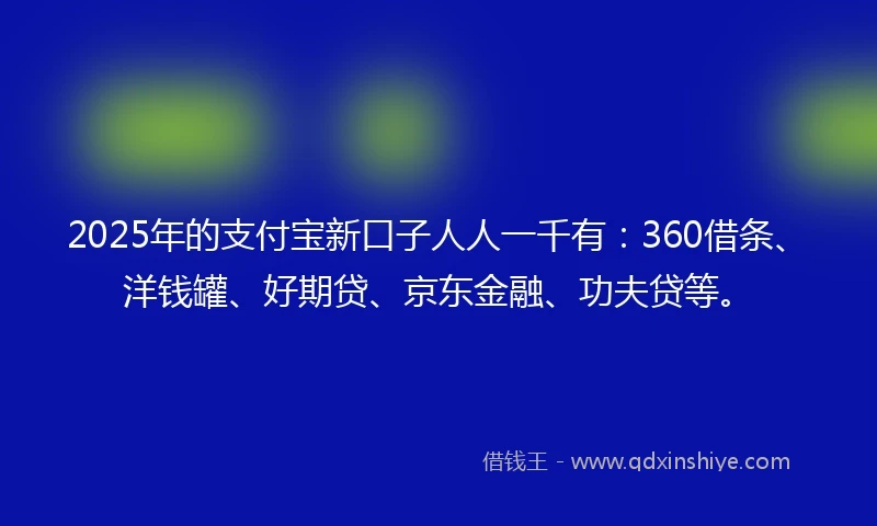 2025年的支付宝新口子人人一千有：360借条、洋钱罐、好期贷、京东金融、功夫贷等。