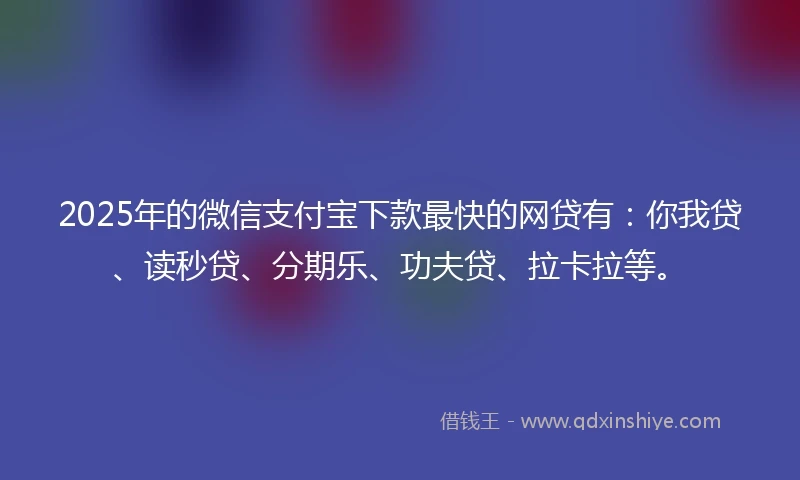 2025年的微信支付宝下款最快的网贷有：你我贷、读秒贷、分期乐、功夫贷、拉卡拉等。
