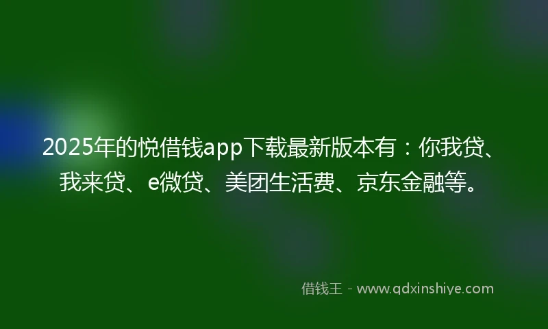 2025年的悦借钱app下载最新版本有：你我贷、我来贷、e微贷、美团生活费、京东金融等。