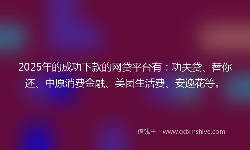 2025年的成功下款的网贷平台有：功夫贷、替你还、中原消费金融、美团生活费、安逸花等。