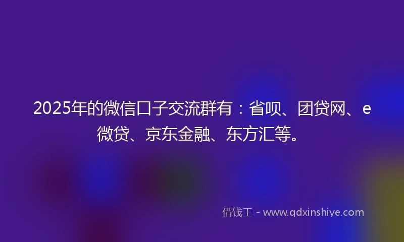 2025年的微信口子交流群有：省呗、团贷网、e微贷、京东金融、东方汇等。