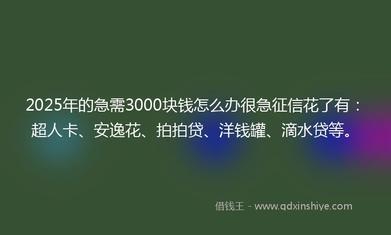 2025年的急需3000块钱怎么办很急征信花了有：超人卡、安逸花、拍拍贷、洋钱罐、滴水贷等。