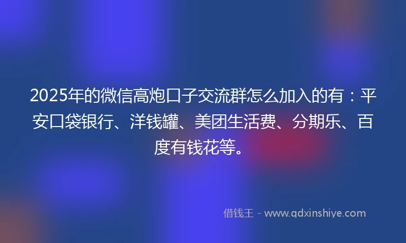 2025年的微信高炮口子交流群怎么加入的有:平安口袋银行、洋钱罐、美团生活费、分期乐、百度有钱花等。