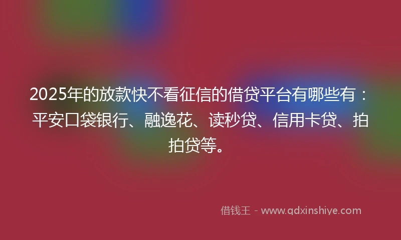 2025年的放款快不看征信的借贷平台有哪些有：平安口袋银行、融逸花、读秒贷、信用卡贷、拍拍贷等。