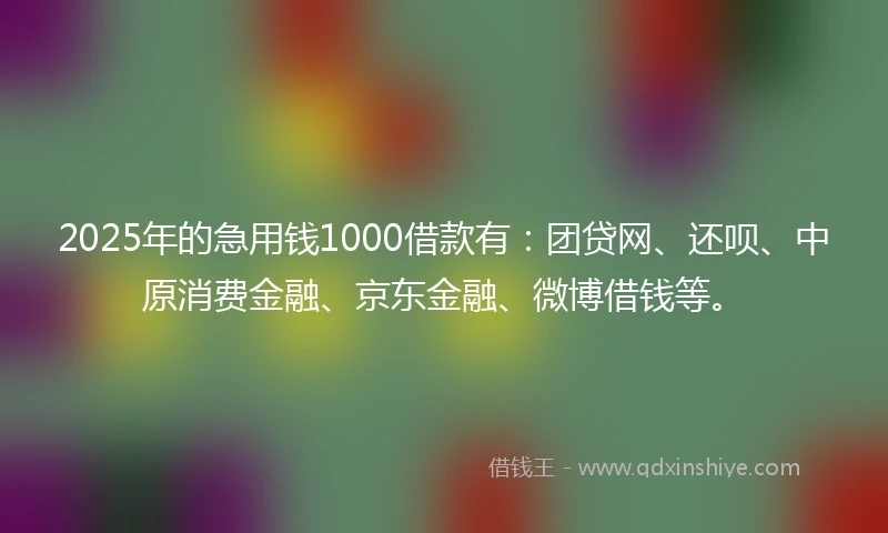 2025年的急用钱1000借款有：团贷网、还呗、中原消费金融、京东金融、微博借钱等。