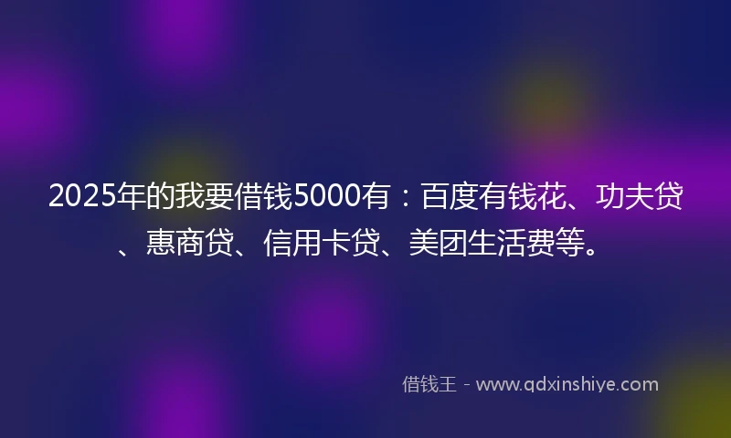 2025年的我要借钱5000有：百度有钱花、功夫贷、惠商贷、信用卡贷、美团生活费等。