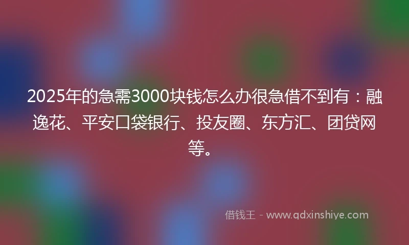 2025年的急需3000块钱怎么办很急借不到有：融逸花、平安口袋银行、投友圈、东方汇、团贷网等。